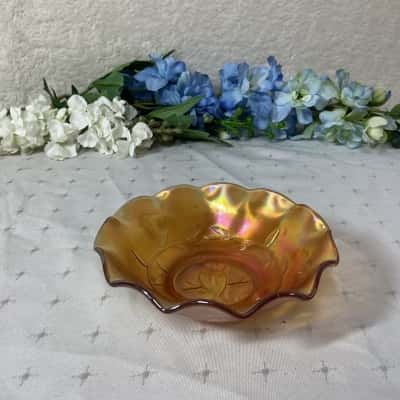 Vintage Marigold Carnival Glass Fluted Edge Bowl with Kingfisher Bird Design