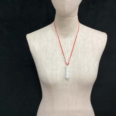  Chinese Jadite Carved Cylindrical Pendant on Red Adjustable Cord 