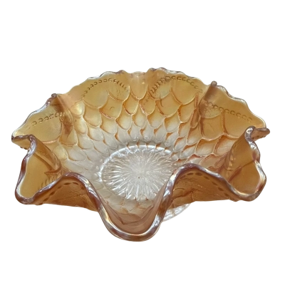 Vintage Orange Lusterware Fish Scale Carnival Glass Bowl