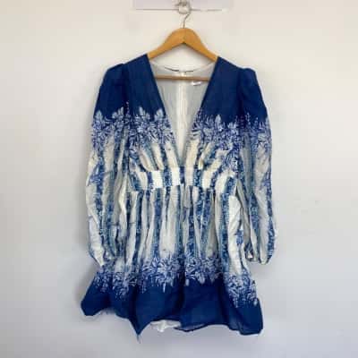 Sheike Blue Floral Long SLeeve Mini Dress Size 16 