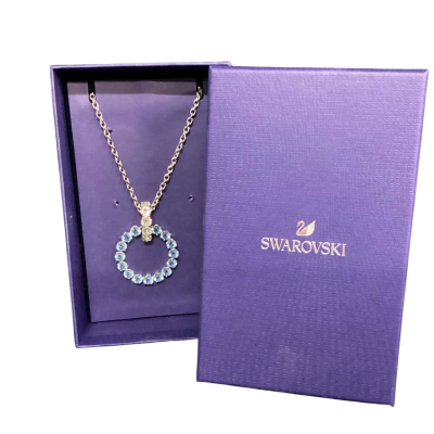 Swarovski Long Necklace with Blue Crystal Pendant  / Silver Rhodium Plated 