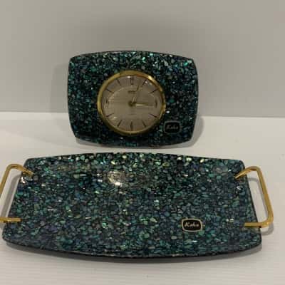 Vintage Koha Paua Shell Desk Set - Clock and Tray