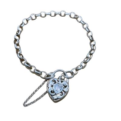 Sterling Silver Filigree Heart Padlock Bracelet with Heart Shaped Stone