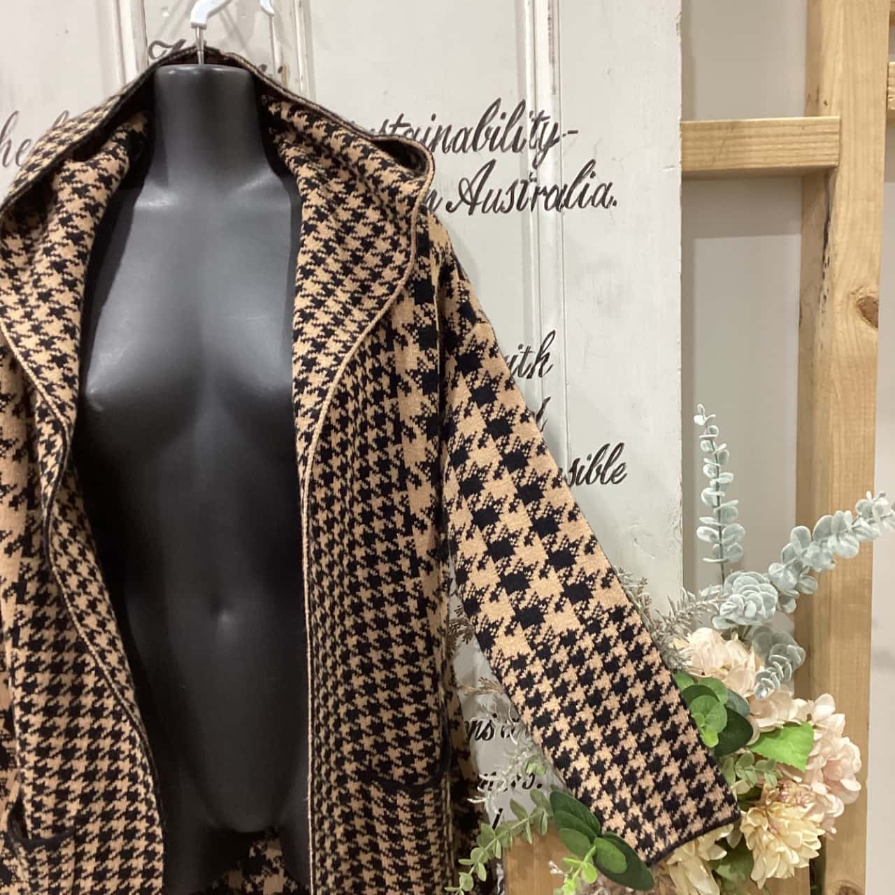 Woven Right Houndstooth Open Front Longline Cardigan