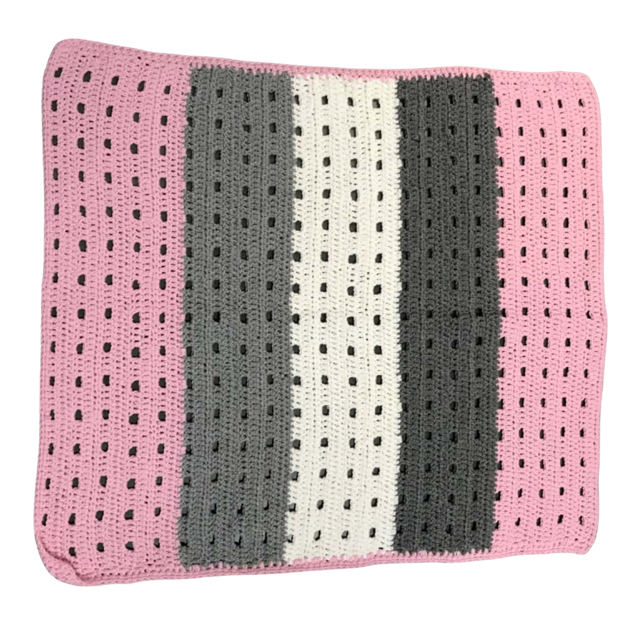 Vintage Pink White and Grey Crocheted Wool Knee Blanket 90x80cm