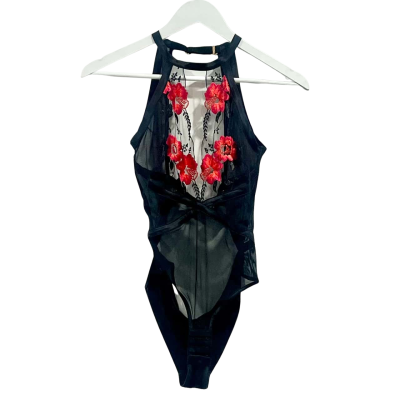 Honey Birdette Black & Red Floral Lace Bodysuit Size XS