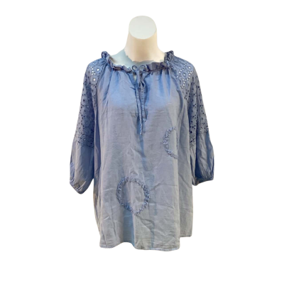 Women's La Strada Size L 3/4 Sleeve Blue Linen Blend Top