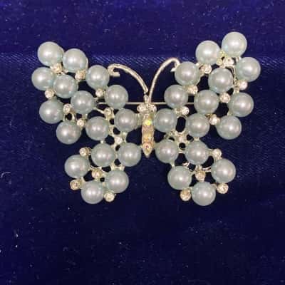 Pale Blue Faux Pearl Butterfly Brooch 