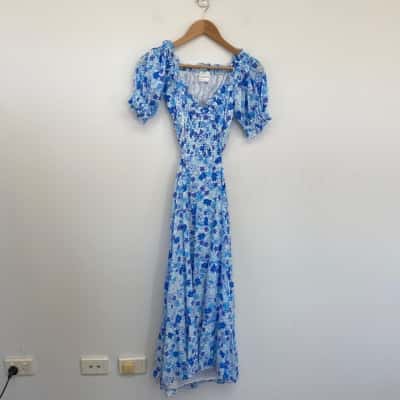 Sabo Skirt Blue Floral Short Sleeve Open Back Midi Dress  Size S 