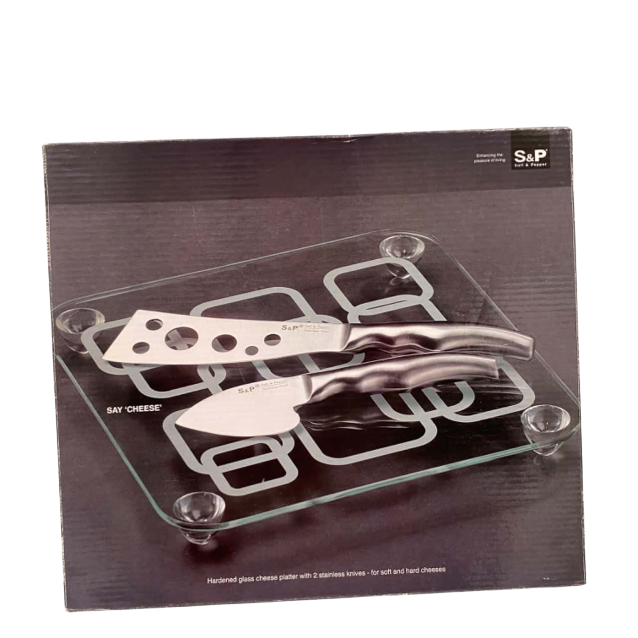 Salt&Pepper Hardened Glass Cheese Platter with 2 Stainless Knives (s)