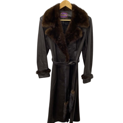  Womens  Size S Brown Leather Trenchcoat with Fur Trims 