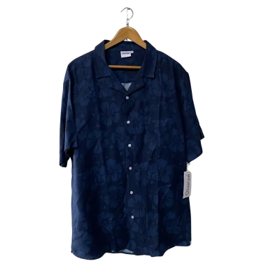 Okanui Men's Aloha Shirt Linen Blend Size XL Hibiscus Tonal Navy  
