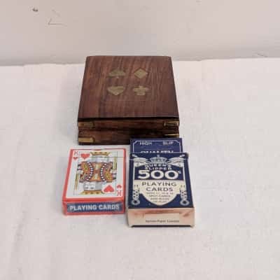 Wooden Playing Card Box with Brass Inlay - with 2 packs of cards