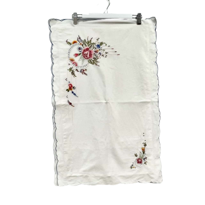 Vintage White Cotton Embroided Blue Trim Pillow Cases x  Pair 