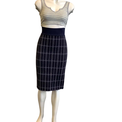 Scanlan Theodore Women's Size M High Waist Midi Pencil Skirt Navy Blue Pattern 