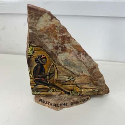 Decorative Stone Plaque With Hand-painted Scene Slice Of Opal Rock Aboriginal Australian Man