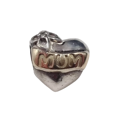 "Best Mum" Charm Heart Shape With 2 Diamond Set Flowers Not Stamped But Tests As Silver In Gift Bag
