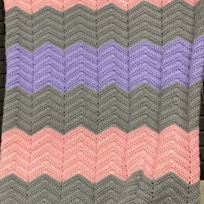 Hand knitted blanket pink grey blue HA