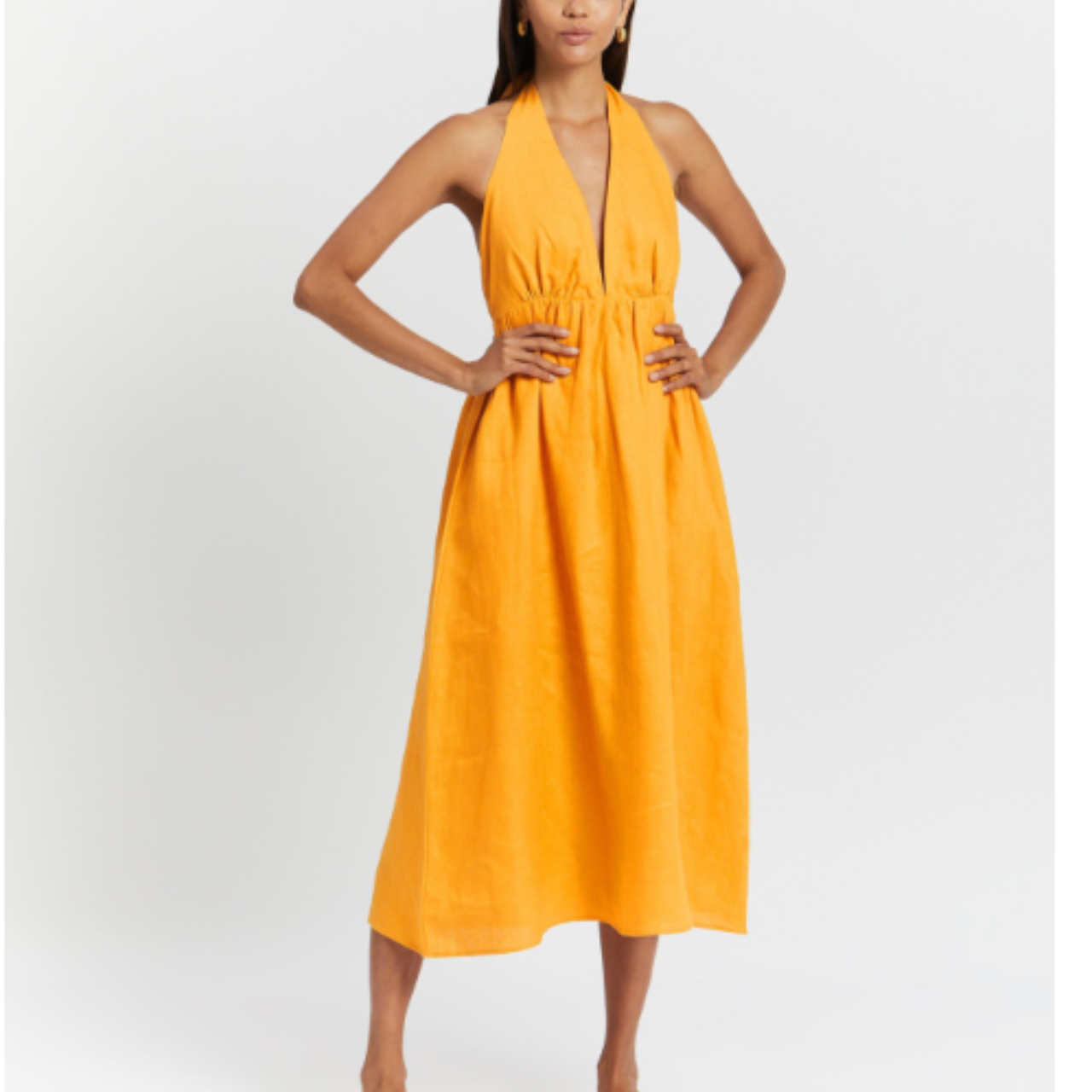 AERE Yellow Mustard Linen Halter Neck Midi Dress Size 10 (s)