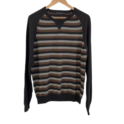 Sportscraft Mens  Size M Crew Neck Jumper Black  / Brown / Grey / Striped 