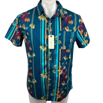 Vintage Re-Mastered - Short Sleeve Resort Shirt - Teal Stripe Floral Size M