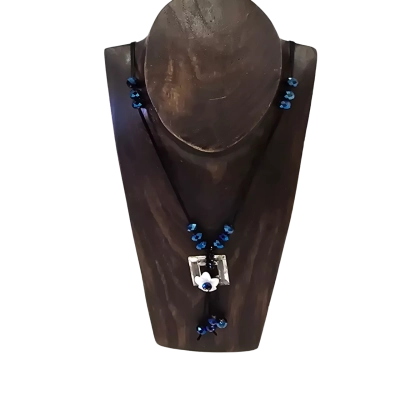  Womens Beaded Necklace Irridescent Blue Bead, Clear Square and Flower Necklace