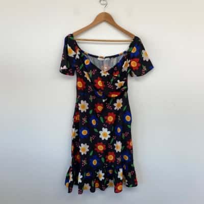 Lorraine Black Floral Venice Midi Dress  Size 10 