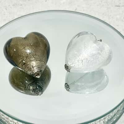 Vintage Glass Love Heart Pendants x 2- frosted silver  &  frosted Bronze 
