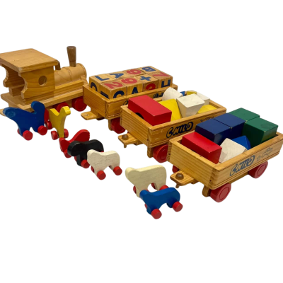 Vintage Handcrafted Wooden Train Trailers & building blocks in Wooden Storage Box