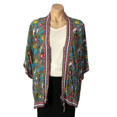 Boom Shankar Womens Size 14 Turquoise / Multicoloured Floral Short Sleeve Zip Through Top