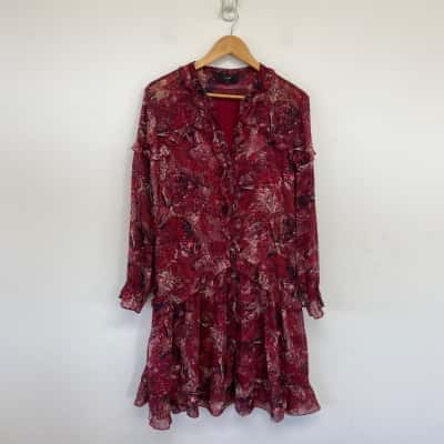 Saba Red Pattern Ruffle Long Sleeve Mini Dress Size 12 