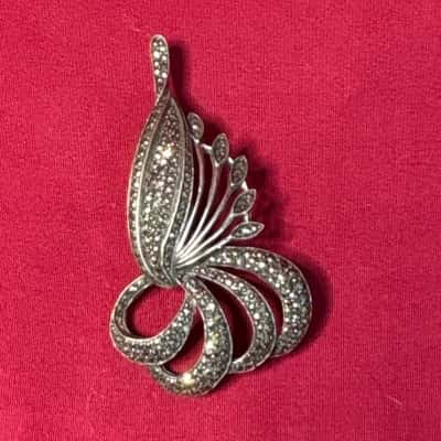  Women's Sterling Silver Brooch Set with Marcasite Stones Designed in Art Deco Style