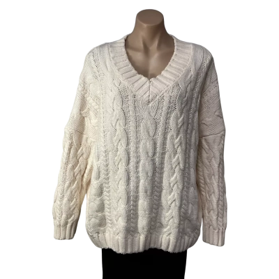 Ghanda Womens Size M Cream Cable Pattern V-Neck Jumper 