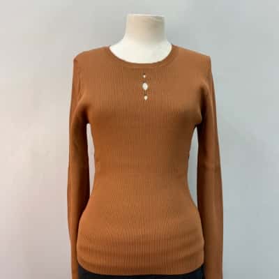 Brave + True Womens  Size 12 / 14  Stretch Ribbed Long Sleeve  Top Brown 