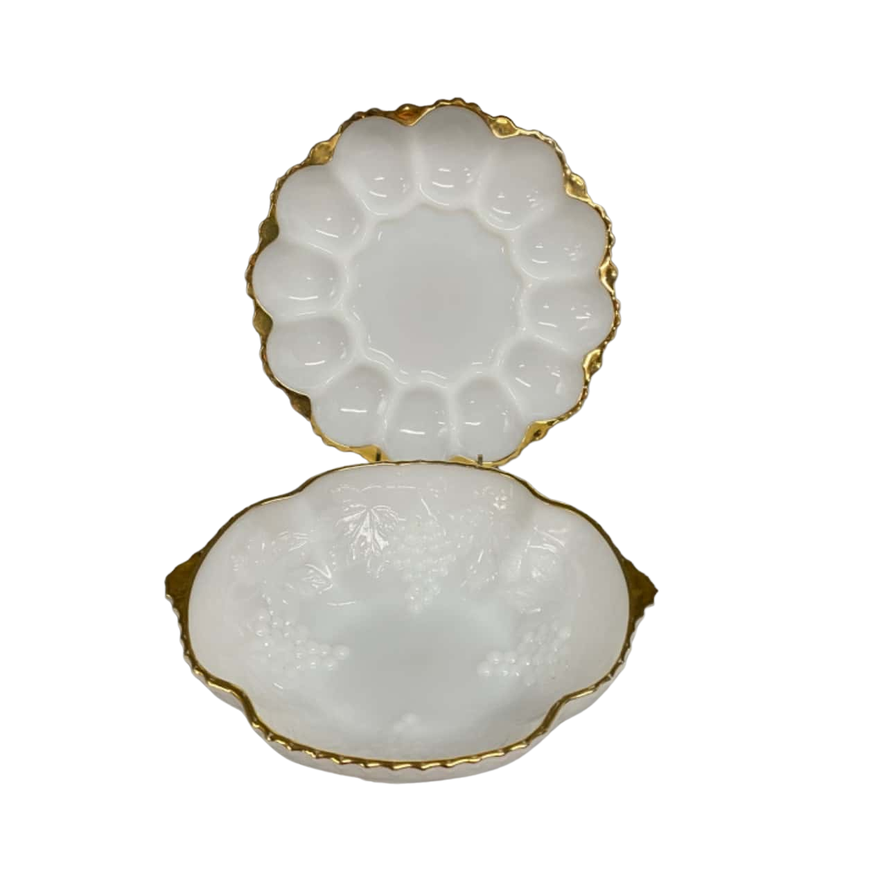 Vintage Gold Trimmed Milk Glass Egg Platter & Fruit Boel