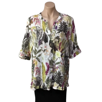 Jolie Saule Womens Size 14 White / Khaki Green/ Pink  / Purple Pattern Short Sleeve V-Neck Top 