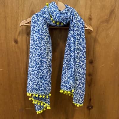 Sussan Blue Floral Scarf With Yellow Poms (New)