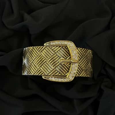 Gold Tone Belt Bangle With Gems - Hinged Closure