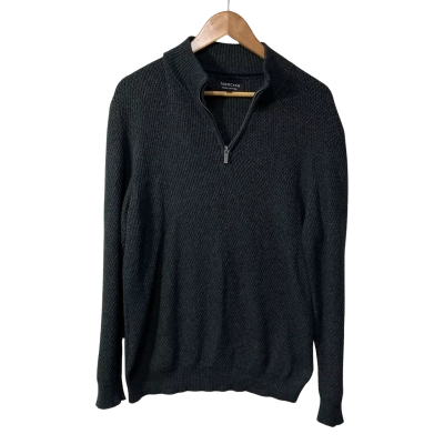 Tarocash Mens Size M Charcoal Grey Knitted Pattern Zip Neck Jumper 