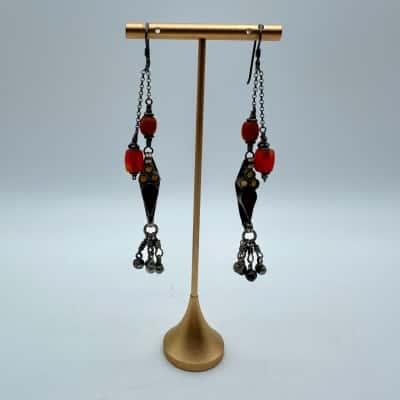 Vintage 925 Silver Red & Orange Stone Dangle Drop Earrings