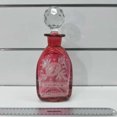 Vintage Bohemian Ruby Cut-to-Clear Glass Decanter Floral Etched PreOwned 