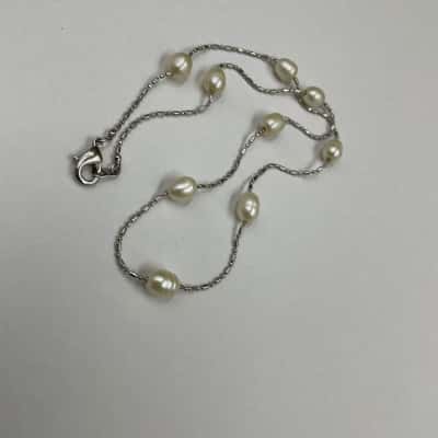 Silvery Necklace with Oval White Beads. 18KGP Stamp