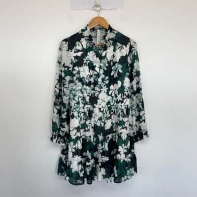 Dotti Green White Floral Long Sleeve Mini Dress Size 16 