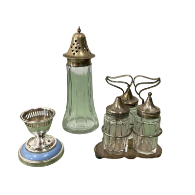 Vintage English EPNS & Glass Tableware Lot – Cruet Set, Star Shaker & Lewbury Egg Cup