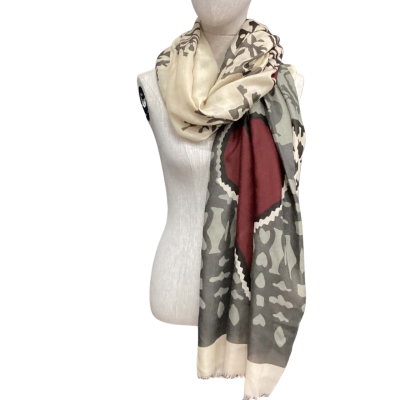 Gregory Ladner Wool Blend Two Harts Scarf Beige /Grey Green / Maroon 
