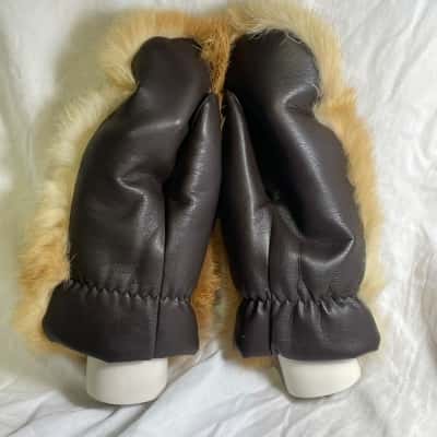 GENUINE LEATHER AND FUR One Size Gloves Black  / Brown VINTAGE