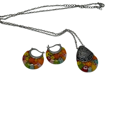 Millefiori Womens Teardrop  Pendant and Earrings Silver Tone Metal.