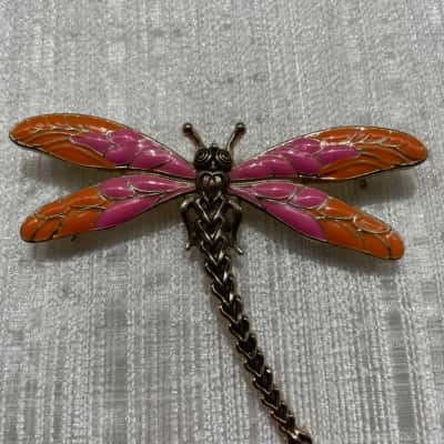  Womens Dragonfly Brooch Gold/Orange/Pink  