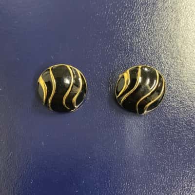  Womens Vintage Black Circle with Gold Tone Waves Clip On Earrings