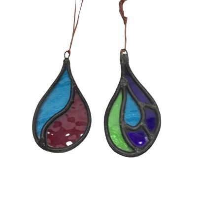 Two Vintage Handcrafted Stained Glass Teardrop Suncatchers